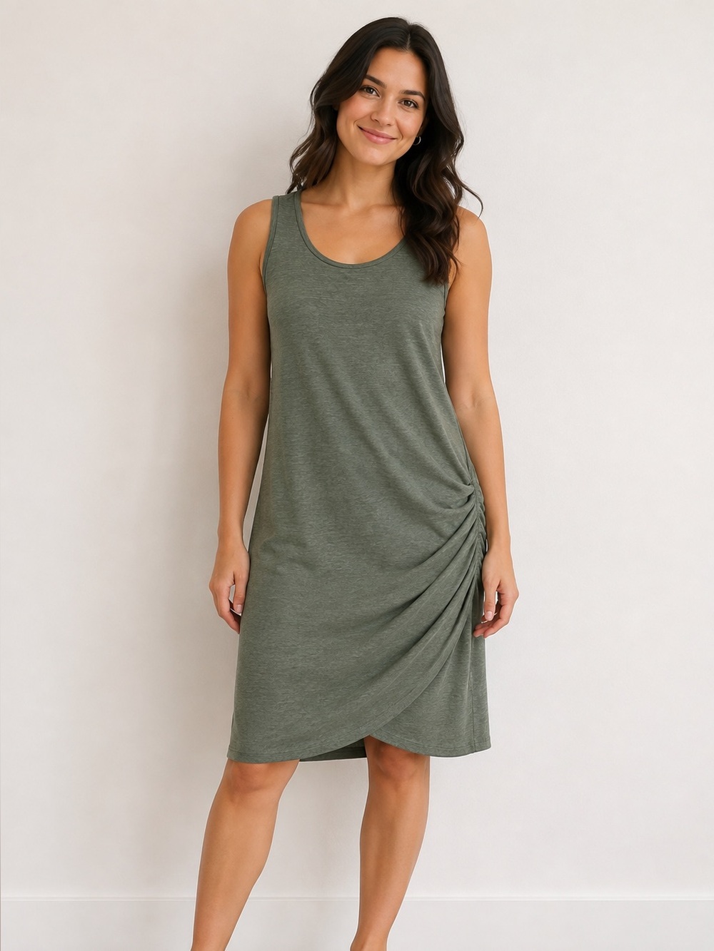 Leith Olive Green Ruched Tank Dress
